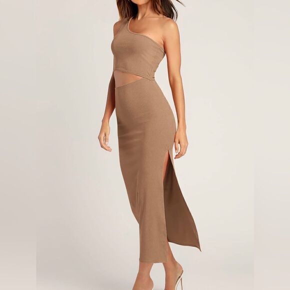 NWT Pretty Garden Camel Tan Ribbed Cut Out Maxi Dress - Picture 3 of 5